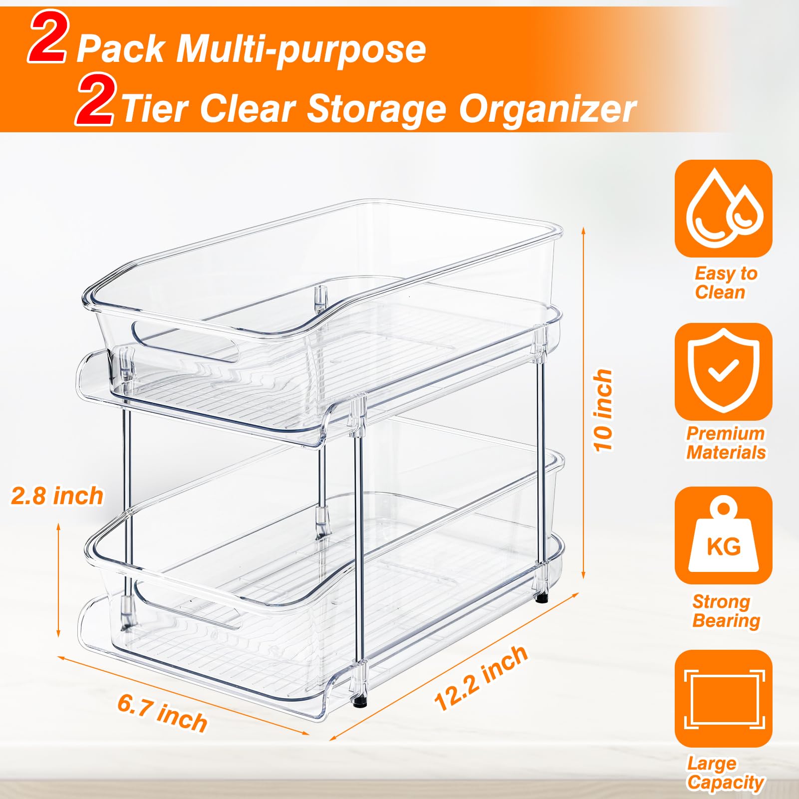 JUPELI Clear Bathroom Organizer, 2 Tier Pull Out Kitchen Closet Undersink Organization and Storage Bins, Convenient and Durable Cabinet Organizer for Snack Spice Jar Medicine and Cosmetics, 2pack