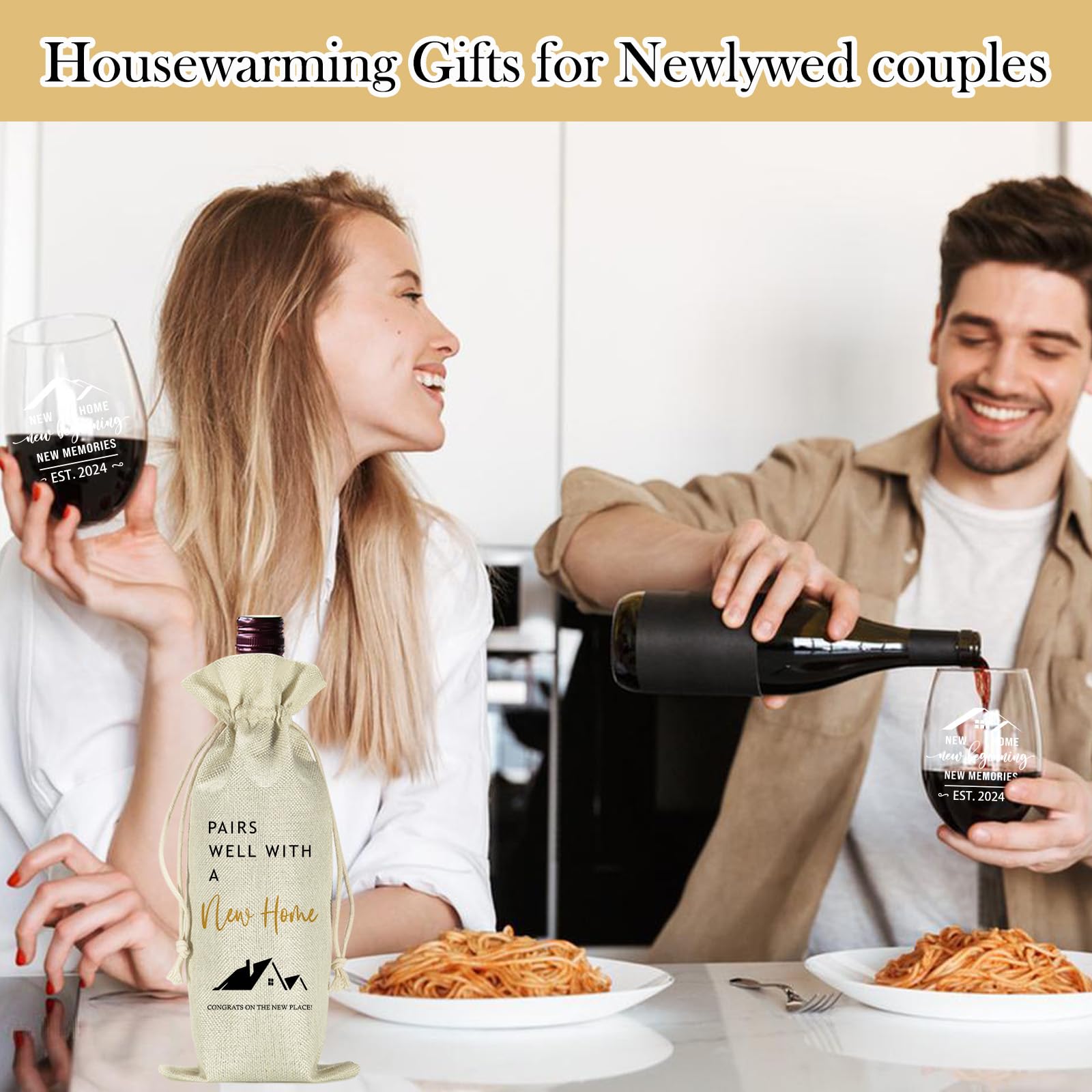 House Warming Gifts New Home, Housewarming gifts for New House, New Home Gifts for Home, Housewarming gift Stemless Wine Glass & Bottle Gift Bag Set for Newlywed Couple, Friends (2 Glasses, 1 Bag)