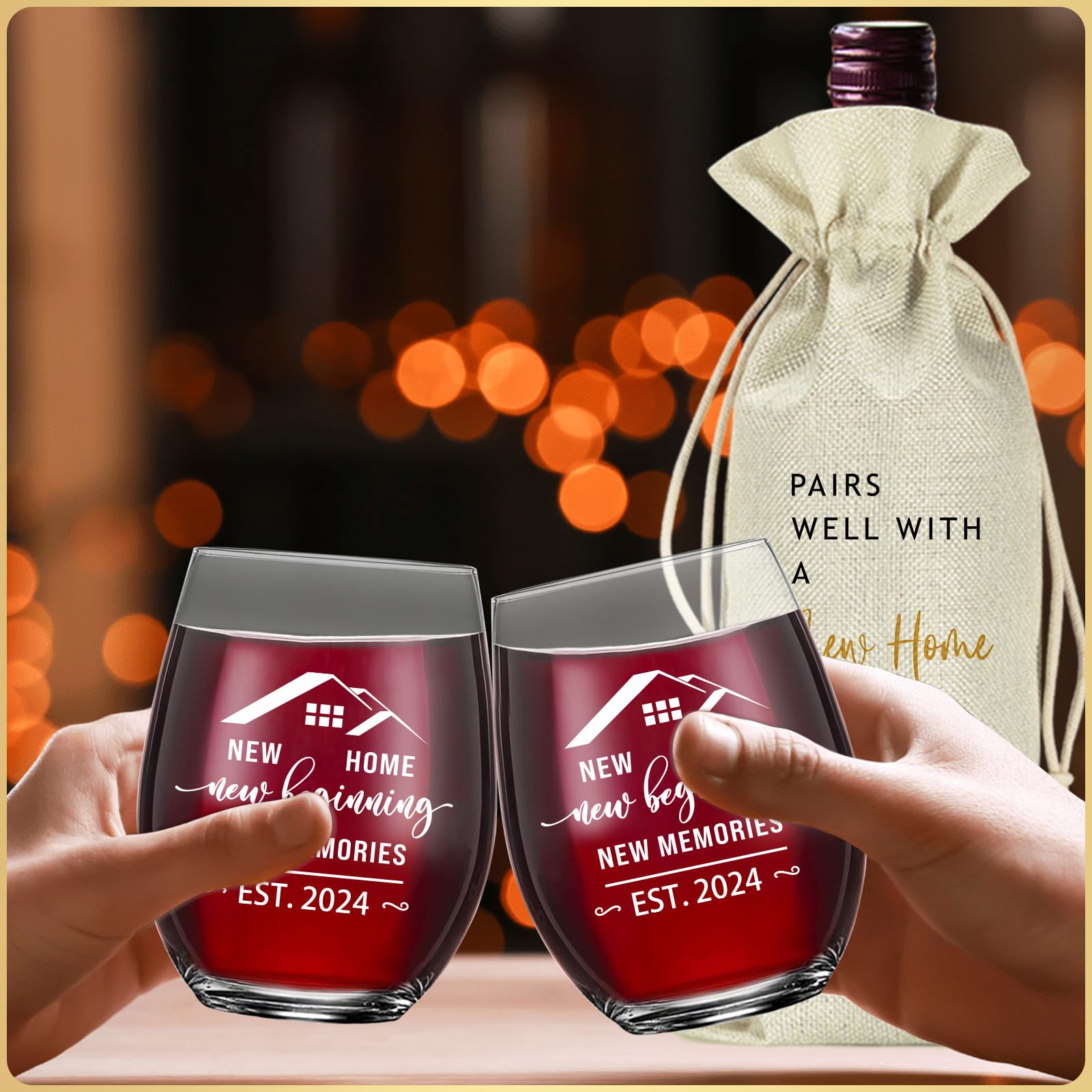 House Warming Gifts New Home, Housewarming gifts for New House, New Home Gifts for Home, Housewarming gift Stemless Wine Glass & Bottle Gift Bag Set for Newlywed Couple, Friends (2 Glasses, 1 Bag)