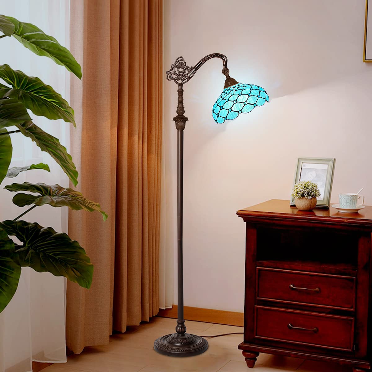 Thatyears Tiffany Floor Lamp Seagrass Blue Beads Style Gooseneck Arch Adjustable Corner Standing Reading Light Decor Bedroom Living Room Home Office