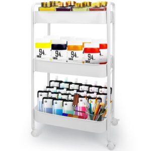 3-tier metal rolling utility cart,rolling storage organizer cart with wheels, white
