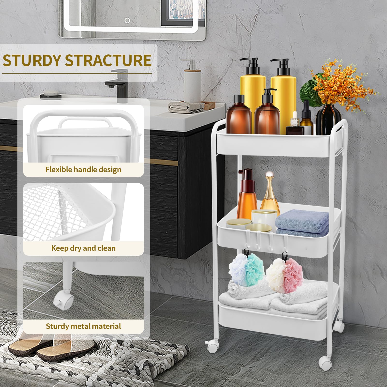 3-Tier Metal Rolling Utility Cart,Rolling Storage Organizer cart with Wheels, White