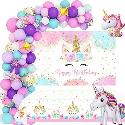 Unicorn Birthday Party Decorations Girls, 142PCS Unicorn Birthday Party Supplies Including Unicorn Backdrop, Unicorn Balloon Arch/ Garland Kit, Unicorn Tabblecloth