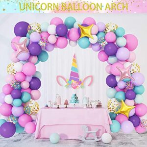 Unicorn Birthday Party Decorations Girls, 142PCS Unicorn Birthday Party Supplies Including Unicorn Backdrop, Unicorn Balloon Arch/ Garland Kit, Unicorn Tabblecloth