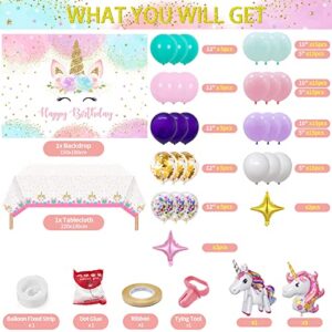 Unicorn Birthday Party Decorations Girls, 142PCS Unicorn Birthday Party Supplies Including Unicorn Backdrop, Unicorn Balloon Arch/ Garland Kit, Unicorn Tabblecloth