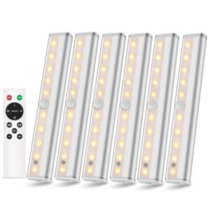 remote control under cabinet lights with remote 6 pack, 20-led dimmable closet lighting battery operated under counter light, stick on touch night light strip for kitchen stairway bedroom, 3 colors