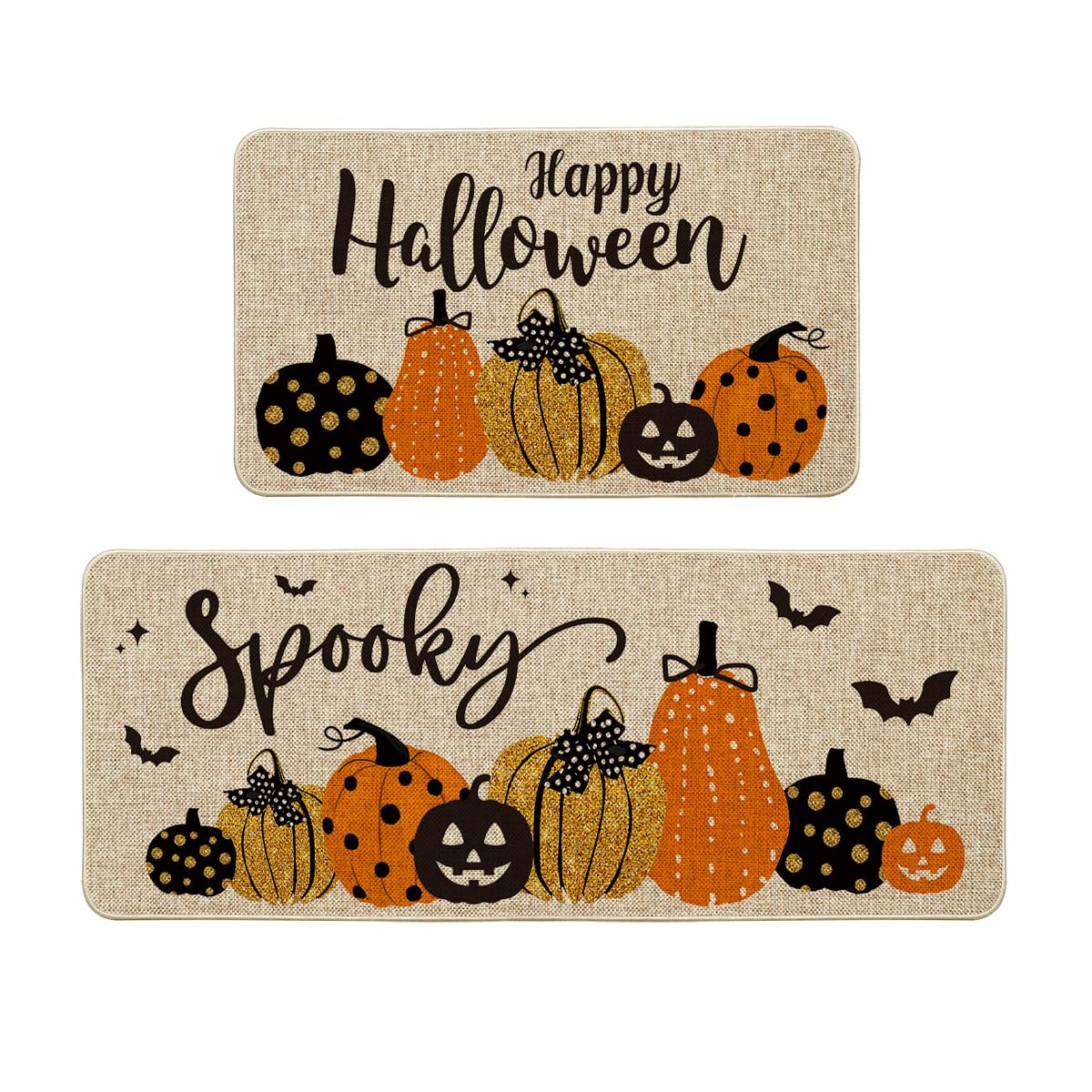 Artoid Mode Pumpkin Bats Happy Halloween Kitchen Mats Set of 2, Home Decor Low-Profile Kitchen Rugs for Floor - 17x29 and 17x47 Inch