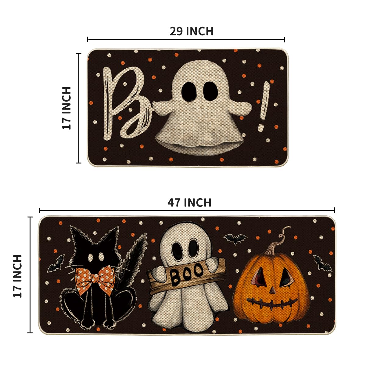 Artoid Mode Bats Black Cats Boo Pumpkin Halloween Kitchen Mats Set of 2, Home Decor Low-Profile Kitchen Rugs for Floor - 17x29 and 17x47 Inch