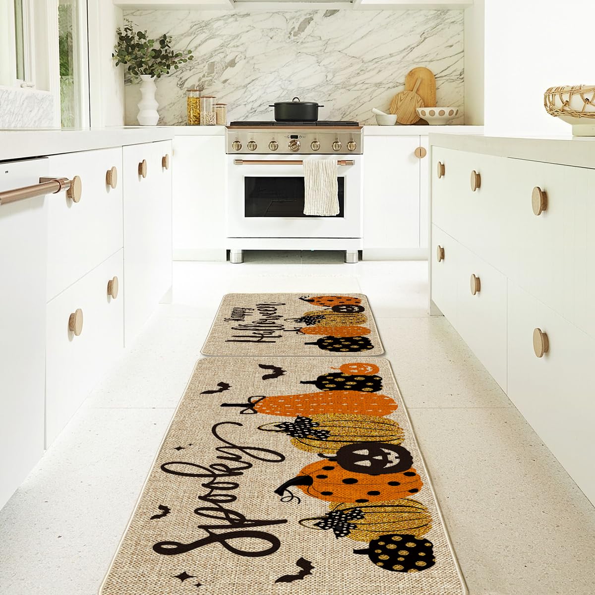 Artoid Mode Pumpkin Bats Happy Halloween Kitchen Mats Set of 2, Home Decor Low-Profile Kitchen Rugs for Floor - 17x29 and 17x47 Inch