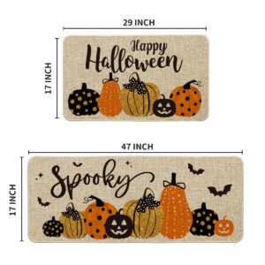 Artoid Mode Pumpkin Bats Happy Halloween Kitchen Mats Set of 2, Home Decor Low-Profile Kitchen Rugs for Floor - 17x29 and 17x47 Inch