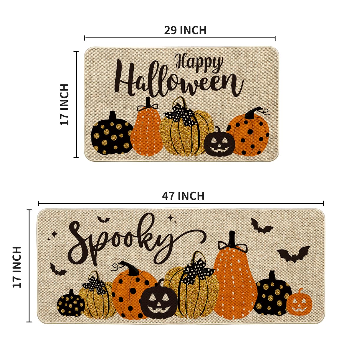 Artoid Mode Pumpkin Bats Happy Halloween Kitchen Mats Set of 2, Home Decor Low-Profile Kitchen Rugs for Floor - 17x29 and 17x47 Inch