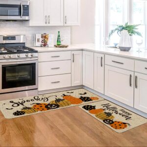 Artoid Mode Pumpkin Bats Happy Halloween Kitchen Mats Set of 2, Home Decor Low-Profile Kitchen Rugs for Floor - 17x29 and 17x47 Inch