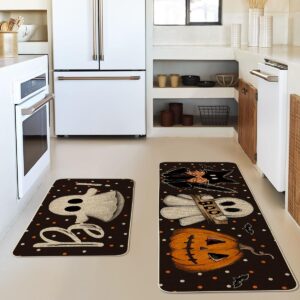Artoid Mode Bats Black Cats Boo Pumpkin Halloween Kitchen Mats Set of 2, Home Decor Low-Profile Kitchen Rugs for Floor - 17x29 and 17x47 Inch