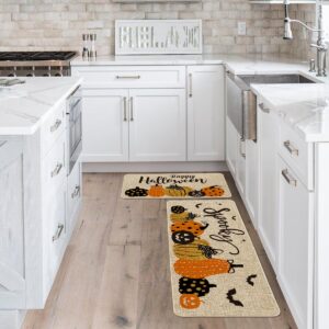 Artoid Mode Pumpkin Bats Happy Halloween Kitchen Mats Set of 2, Home Decor Low-Profile Kitchen Rugs for Floor - 17x29 and 17x47 Inch