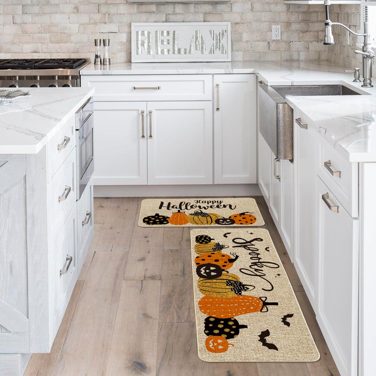 Artoid Mode Pumpkin Bats Happy Halloween Kitchen Mats Set of 2, Home Decor Low-Profile Kitchen Rugs for Floor - 17x29 and 17x47 Inch