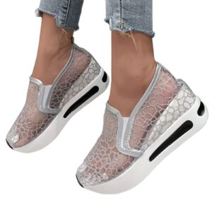 hbeylia high heeld wedge sneakers for women fashion embroidery floral mesh air comfort hidden chunky sole slip on loafers breathable walking work shoes with arch support for casual and daily wear