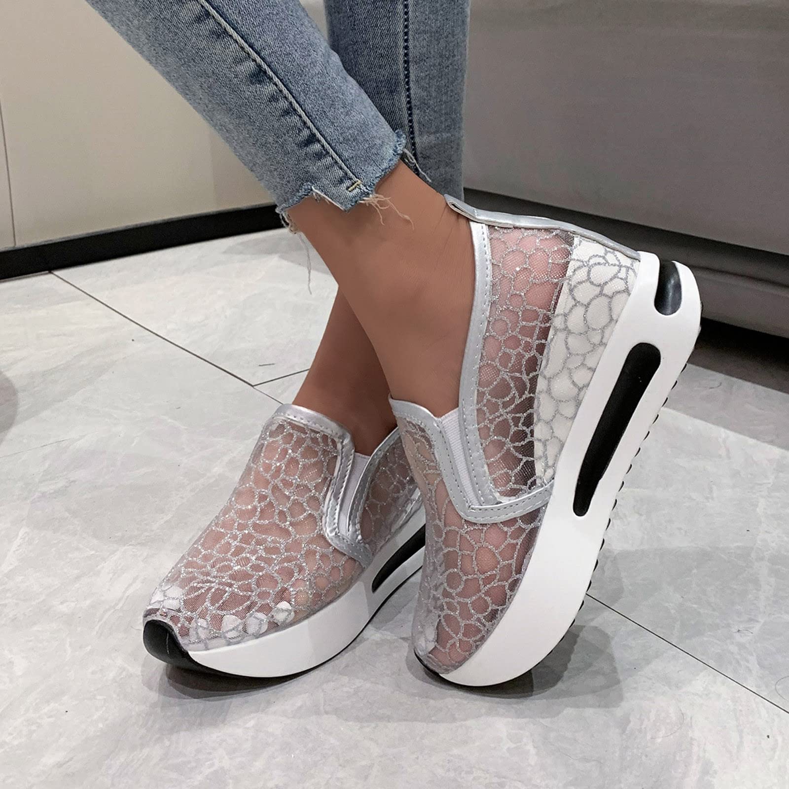 Hbeylia High Heeld Wedge Sneakers for Women Fashion Embroidery Floral Mesh Air Comfort Hidden Chunky Sole Slip On Loafers Breathable Walking Work Shoes with Arch Support for Casual and Daily Wear