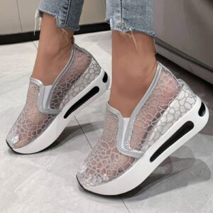 Hbeylia High Heeld Wedge Sneakers for Women Fashion Embroidery Floral Mesh Air Comfort Hidden Chunky Sole Slip On Loafers Breathable Walking Work Shoes with Arch Support for Casual and Daily Wear