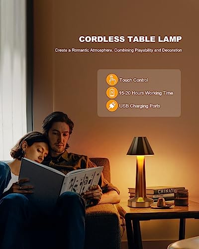 Cluelyhoo Cordless Table Lamps,Rechargeable Battery Operated Led Desk Lamp,3-Level Brightness Portable Table Lamp,for Bedroom/Couple Dinner/Desk/Cafe/Dining Room/Terrace(Gold)