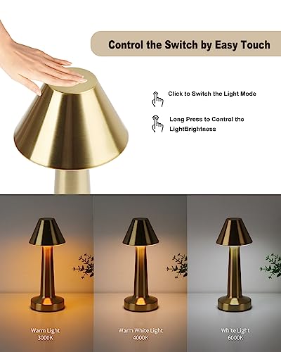 Cluelyhoo Cordless Table Lamps,Rechargeable Battery Operated Led Desk Lamp,3-Level Brightness Portable Table Lamp,for Bedroom/Couple Dinner/Desk/Cafe/Dining Room/Terrace(Gold)