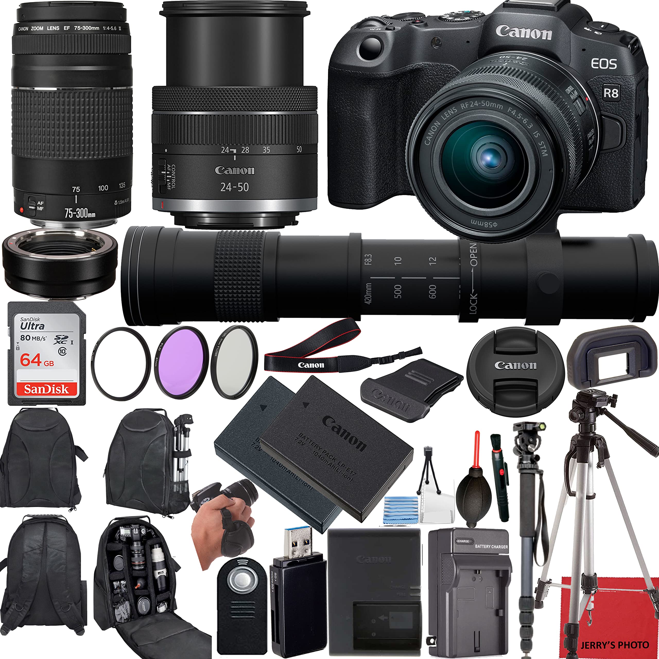 Canon EOS R8 Mirrorless Camera with 24-50mm, EF 75-300mm & 420-800mm Lenses + Mount Adapter + 20 Essential Accessories for Content Creators