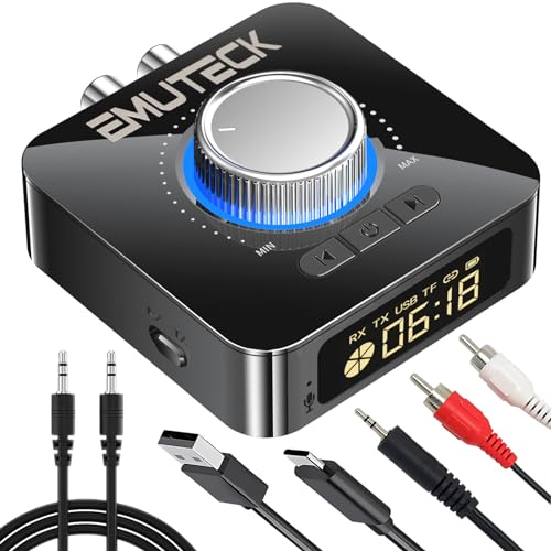 EMUTECK Bluetooth 5.0 Audio Adapter, 5-in-1 Wireless Transmitter Receiver for Car TV CD PC Home Stereo, USB to AUX 3.5mm RCA Receiver, Micro SD Card MP3 Player Transmitter for Headphones Speaker