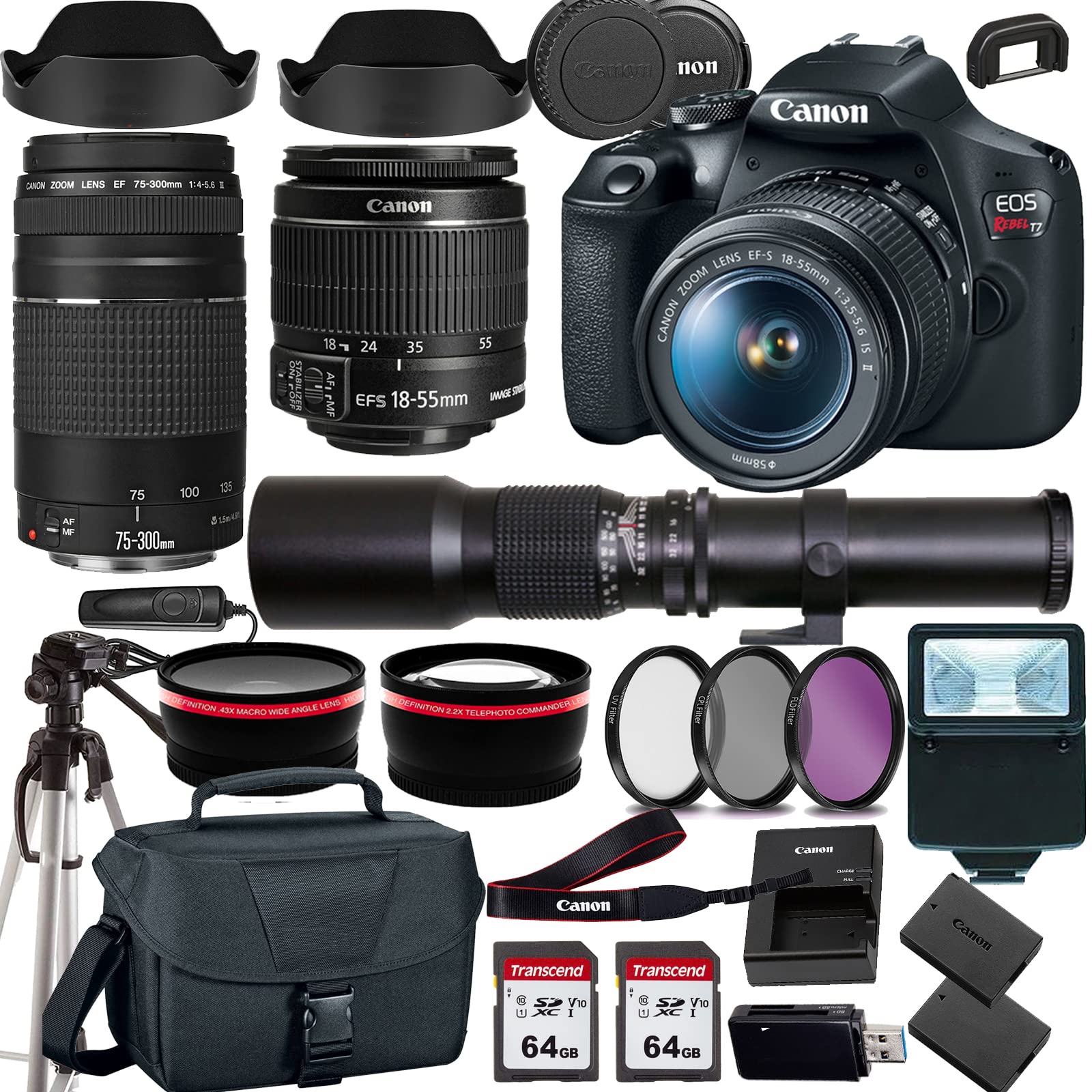 Canon EOS Rebel T7 DSLR Camera with 18-55mm+Canon EF 75-300mm III Lens+500mm f/8.0 Telephoto Lens+case+128Memory Cards (24PC)