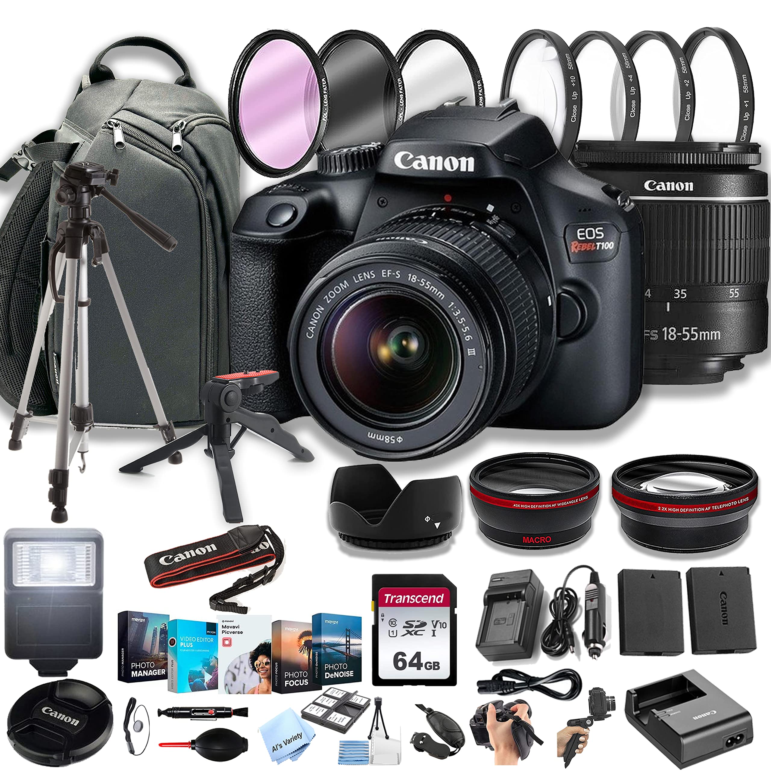 Canon EOS Rebel T100 DSLR Camera w/EF-S 18-55mm F/3.5-5.6 Zoom Lens + 420-800mm Super Telephoto Lens + 64GB Memory Cards, Professional Photo Bundle (40pc Bundle)