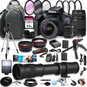 canon eos 4000d (rebel t100) dslr camera w/ef-s 18-55mm f/3.5-5.6 zoom lens + 75-300mm f/4-5.6 iii lens + 420-800mm super telephoto lens + 64gb memory cards, professional photo bundle (44pc bundle)