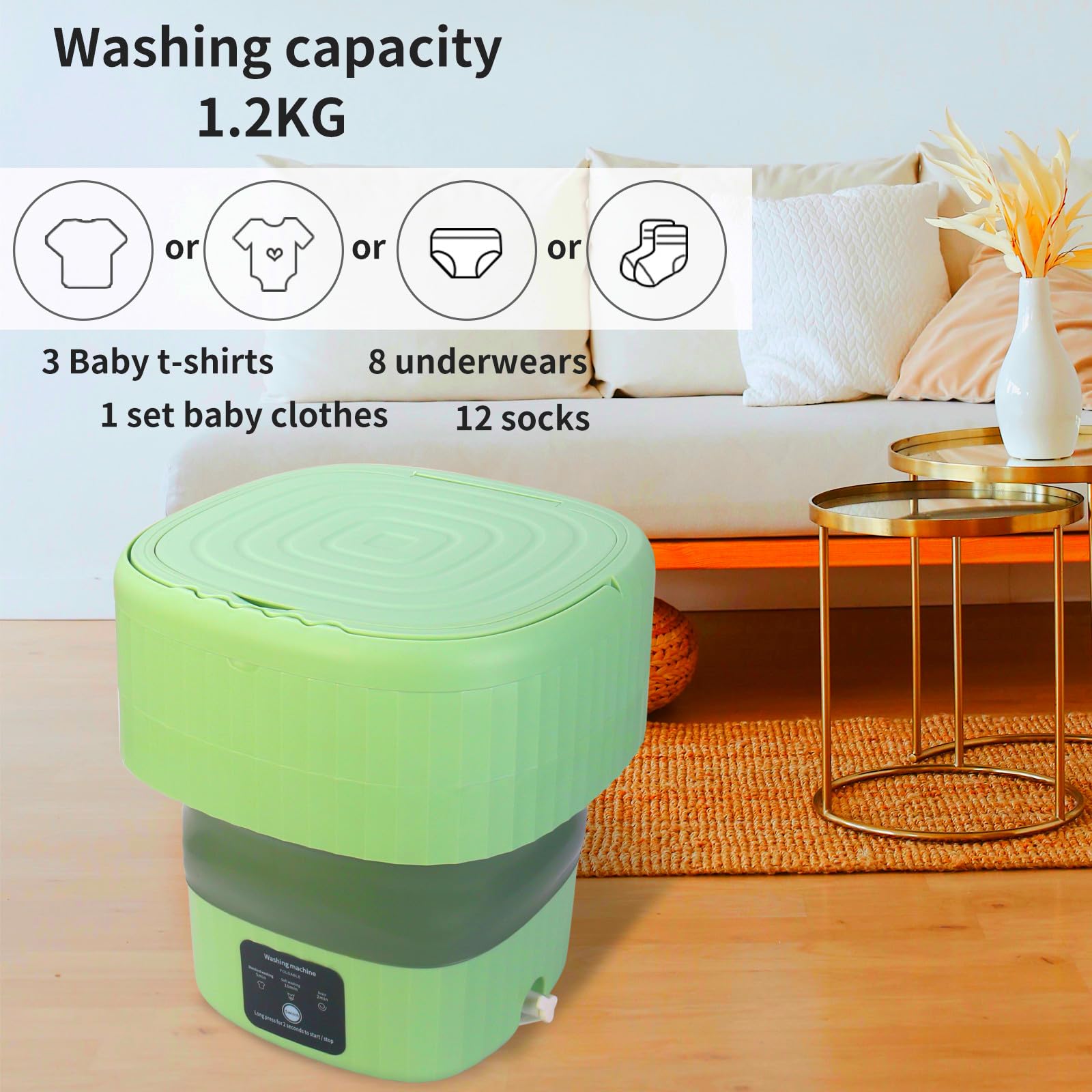 Portable Washing Machine,Mini Foldable Washer and Spin Dryer, Small Washer for Baby Clothes, Underwear or Small Items, Apartment, Dorm, Camping, RV Travel laundry,Lightweight and Easy to Carry, Green