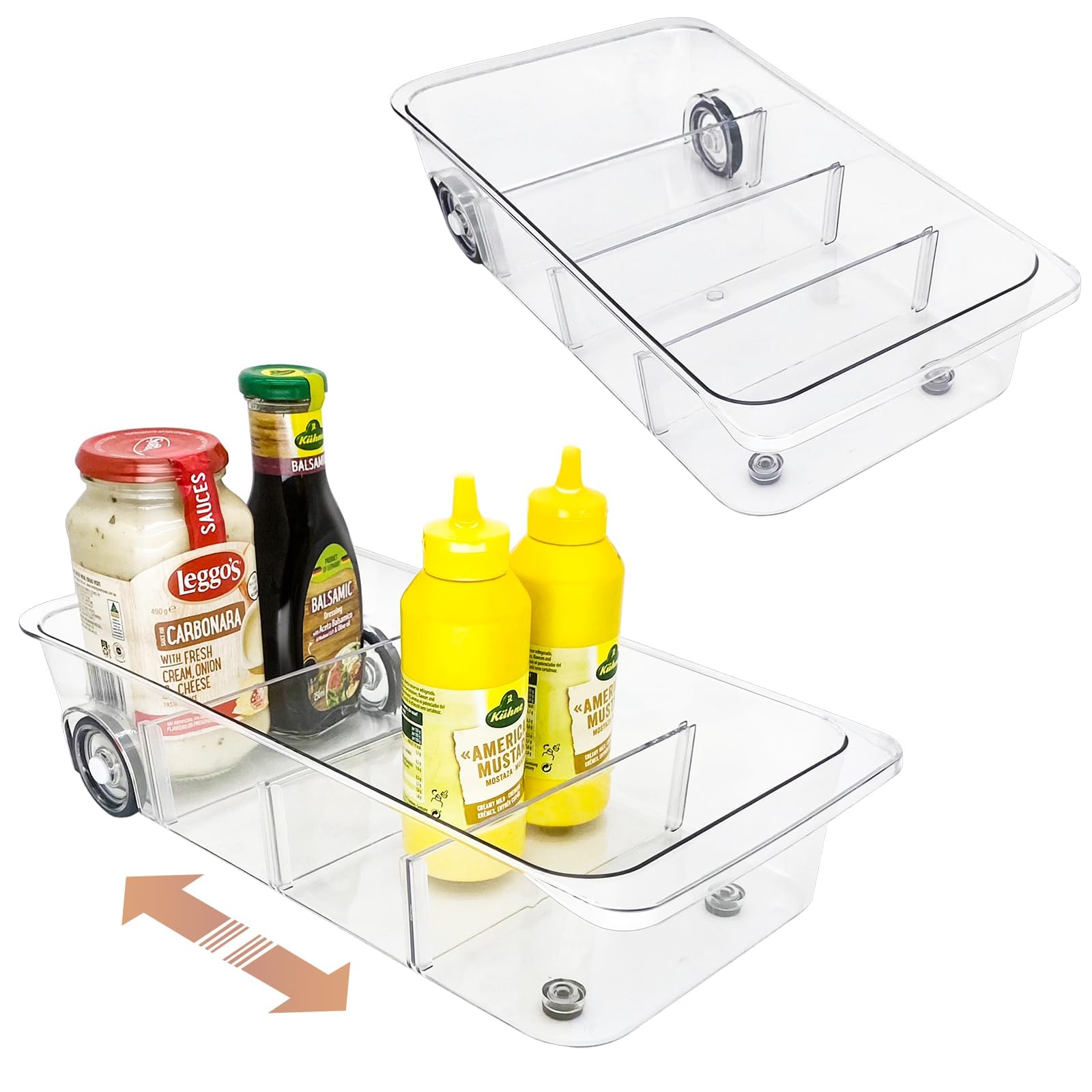 Ynelyase Clear Refrigerator Organizer Bins Plastic for Pantry Freezer Drawer Storage with Wheels and Adjustable Dividers Caddy (7.6" Wide, 2 Pack)