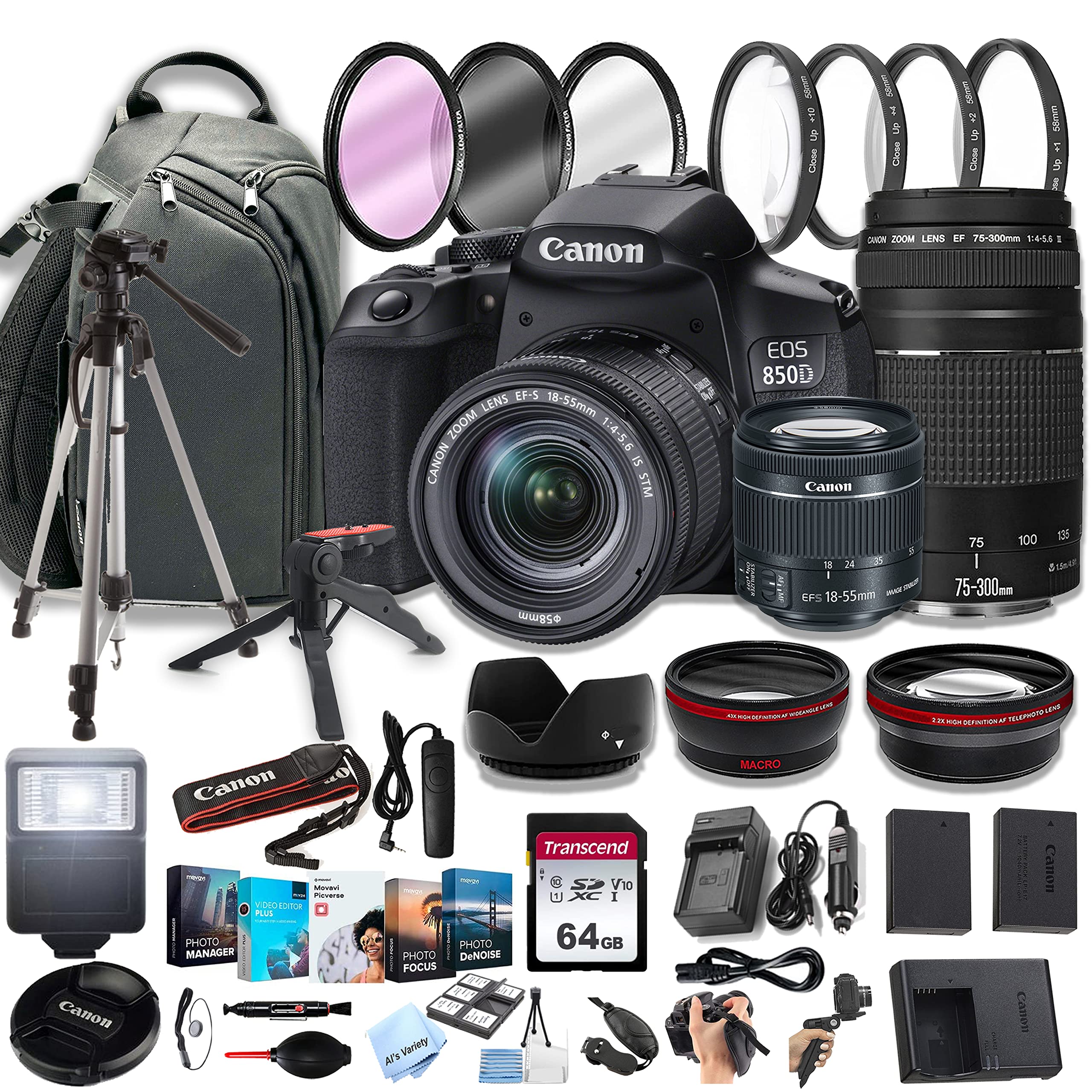 Canon EOS 850D (Rebel T8i) DSLR Camera w/EF-S 18-55mm F/4-5.6 STM Zoom Lens + 75-300mm F/4-5.6 III Lens+ 64GB Memory Cards, Professional Photo Bundle (42pc Bundle)