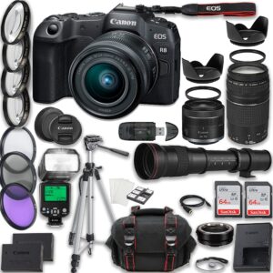 canon eos r8 mirrorless camera rf 24-50mm f/4.5-6.3 is stm + ef 75-300mm iii + 420-800mm hd lenses + accessories included: 2x 64gb memory cards, ttl flash, extra battery, tripod & more (renewed)