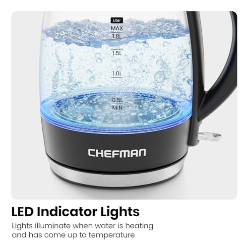 Chefman Electric Kettle, 1.8L 1500W, Hot Water Boiler, Removable Lid for Easy Cleaning, Auto Shut Off, Boil-Dry Protection, Stainless Steel Filter, BPA Free, Borosilicate Glass Electric Tea Kettle