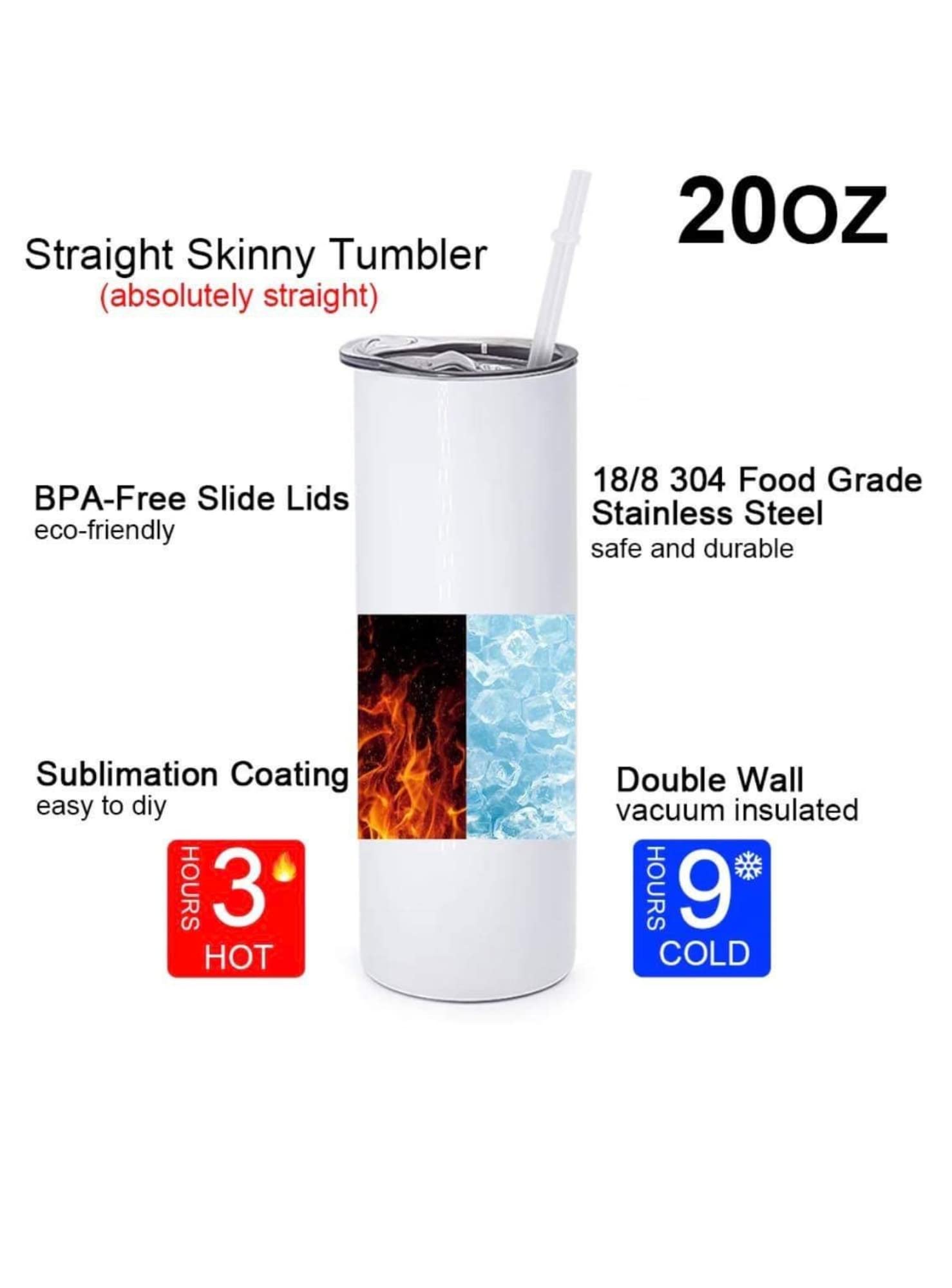 20 Oz DOUBLE STRAW Peso Pluma Stainless Steel Straight Skinny Tumbler for Sublimation Birthday Diy Gift For Women,Men, Friends