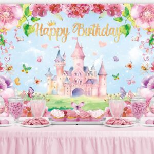 LDWLYW Princess Birthday Backdrop for Girls Happy Birthday Princess Castle Butterfly Backdrop Banner for Birthday Party Decorations Princess Theme Party Photo Backdrop Background Decor 7x5ft