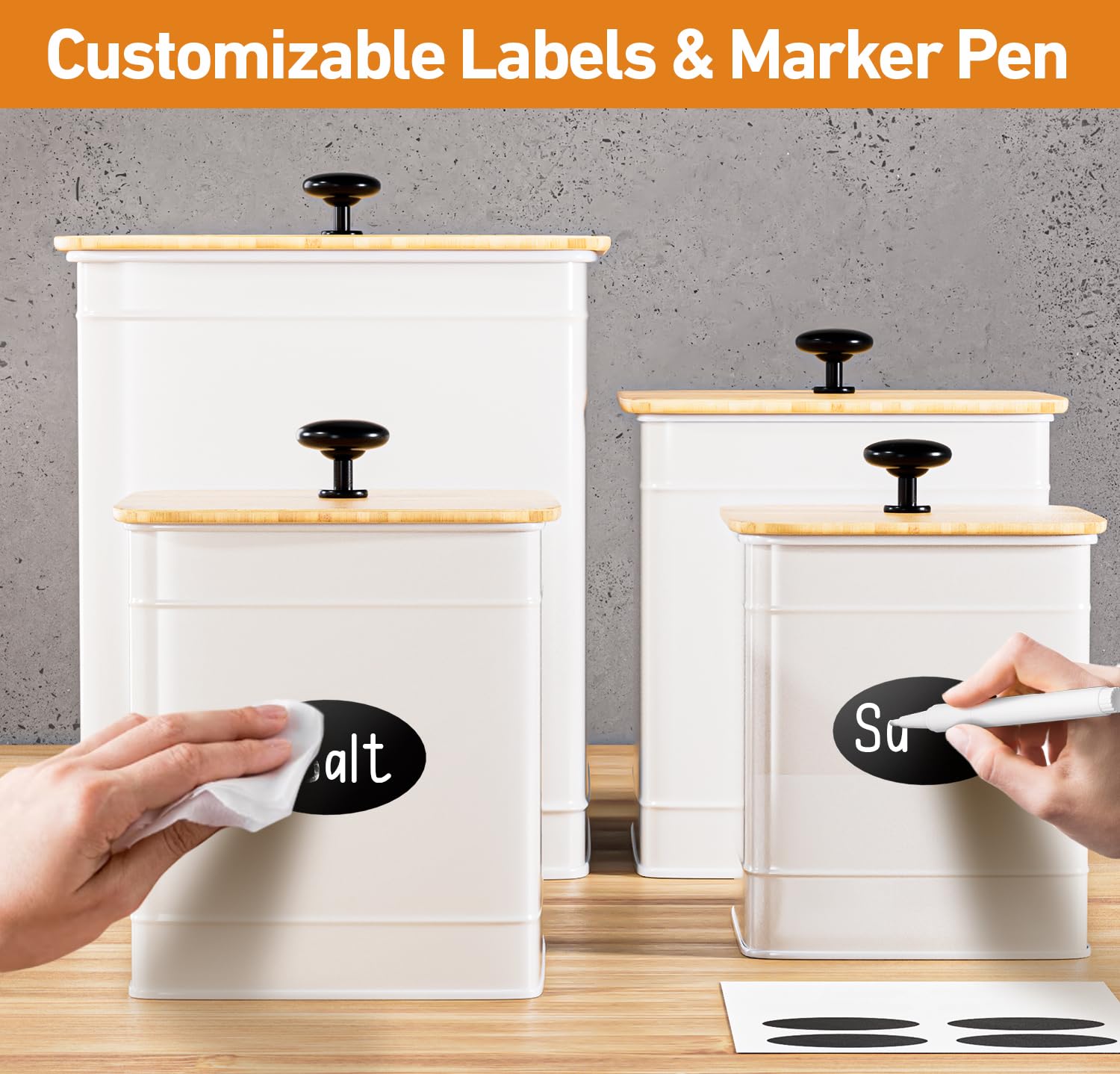 Kitchen Canisters for Countertop Set of 4 with Customizable Chalkboard Labels & Marker Pen - Big Iron Kitchen Canisters with Airtight Lids - Canisters Sets for the Kitchen - White Kitchen Canister Set