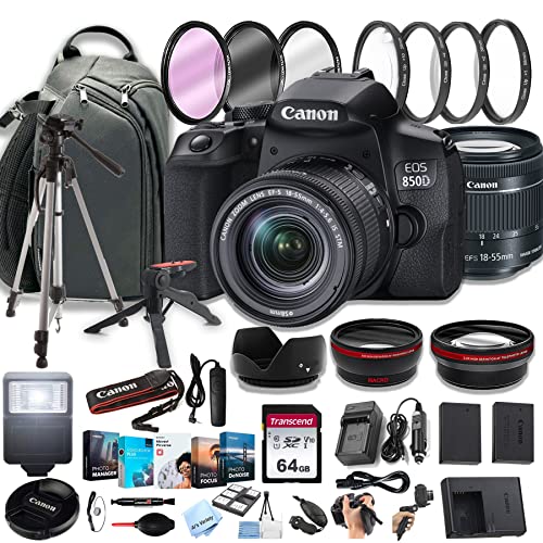 Canon EOS 850D (Rebel T8i) DSLR Camera w/EF-S 18-55mm F/4-5.6 STM Zoom Lens + 100S Sling Backpack + 64GB Memory Cards, Professional Photo Bundle (40pc Bundle)