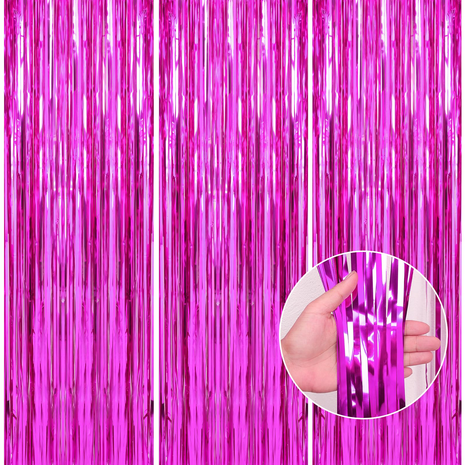 Crosize 3 Pack 3.3 x 9.9 ft Hot Pink Foil Fringe Backdrop Curtain, Streamer Backdrop Curtains, Streamers Birthday Party Decorations, Tinsel Curtain for Parties, Photo Booth Backdrops, Party Décor