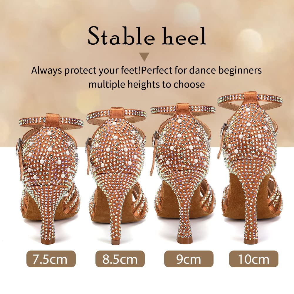 TINRYMX Latin Dance Shoes Women Rhinestones Tango Salsa Performance Ballroom Party Dance Shoes,YCL506-Bronze-7.5,US 8