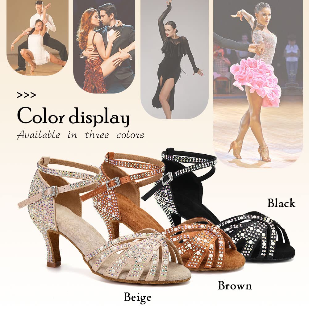 TINRYMX Latin Dance Shoes Women Rhinestones Tango Salsa Performance Ballroom Party Dance Shoes,YCL506-Bronze-7.5,US 8