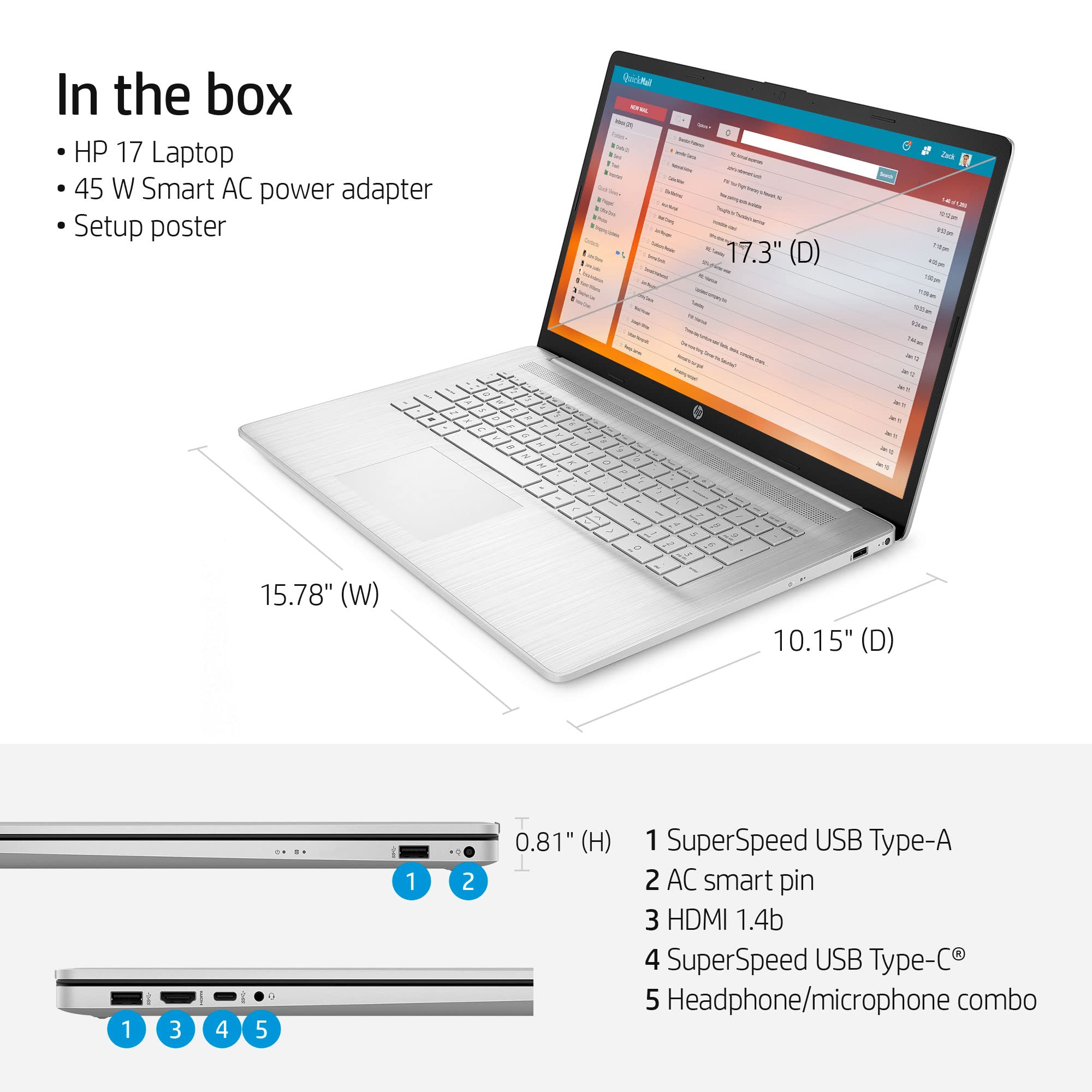 HP Laptops 17 inch Screen Intel Core i3-1125G4 Beat i7-1180G7| Windows 11| Wireless AC| USB C| Long Battery Life| Webcam| Numeric Keyboard Fast Charge| HDMI Cable (32GB RAM | 1TB PCIe SSD)