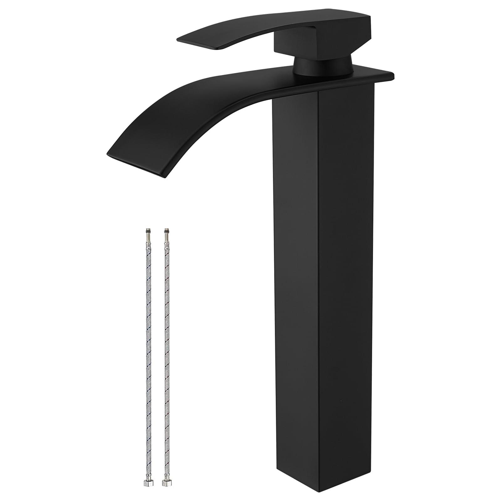 RUMOSE Tall Matte Black Bathroom Faucet Modern Single Handle 1 Hole Bathroom Vessel Sink Faucet Waterfall Spout Rv Lavatory Vanity Basin Faucet Deck Mount Mixer Tap, Stainless Steel