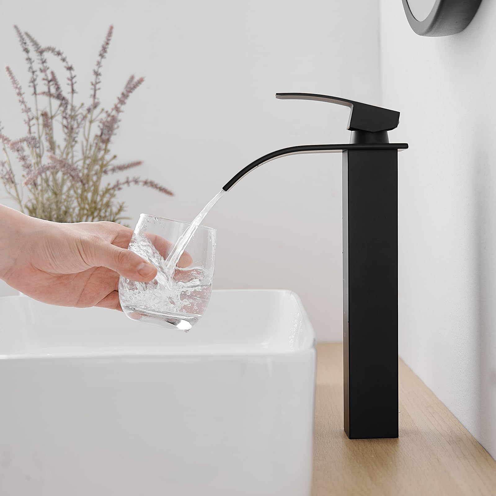 RUMOSE Tall Matte Black Bathroom Faucet Modern Single Handle 1 Hole Bathroom Vessel Sink Faucet Waterfall Spout Rv Lavatory Vanity Basin Faucet Deck Mount Mixer Tap, Stainless Steel