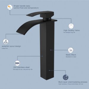 RUMOSE Tall Matte Black Bathroom Faucet Modern Single Handle 1 Hole Bathroom Vessel Sink Faucet Waterfall Spout Rv Lavatory Vanity Basin Faucet Deck Mount Mixer Tap, Stainless Steel