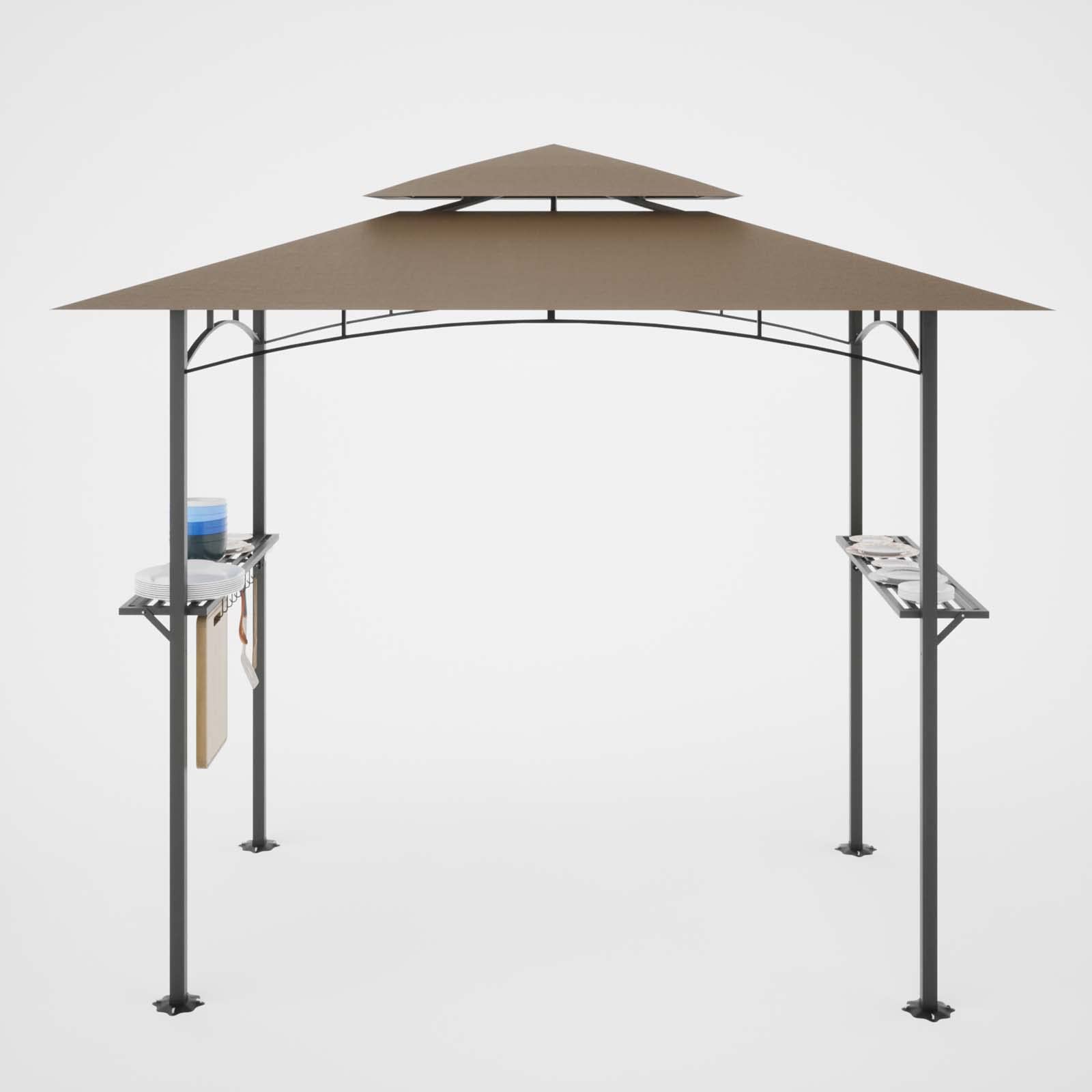 8x5 Ft Grill Gazebo, Double Tiered Outdoor BBQ Gazebo with 2 Side Shelves, 5 Hooks, Bottle Opener, Barbecue Grill Gazebo Shelter for Patio, Garden, Beach, Backyard and Picnic (Khaki)