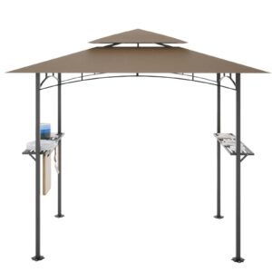 8x5 Ft Grill Gazebo, Double Tiered Outdoor BBQ Gazebo with 2 Side Shelves, 5 Hooks, Bottle Opener, Barbecue Grill Gazebo Shelter for Patio, Garden, Beach, Backyard and Picnic (Khaki)