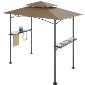 8x5 Ft Grill Gazebo, Double Tiered Outdoor BBQ Gazebo with 2 Side Shelves, 5 Hooks, Bottle Opener, Barbecue Grill Gazebo Shelter for Patio, Garden, Beach, Backyard and Picnic (Khaki)