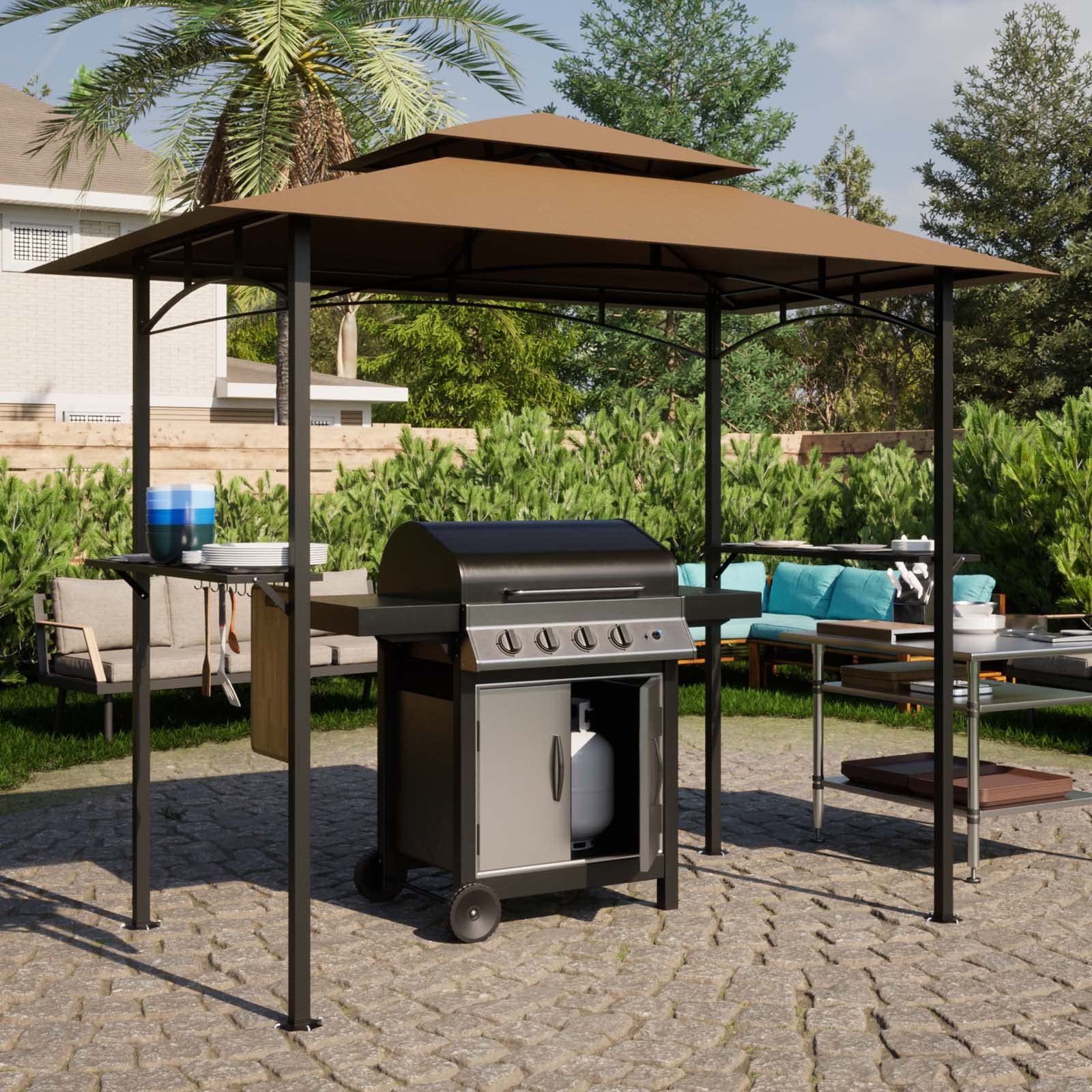 8x5 Ft Grill Gazebo, Double Tiered Outdoor BBQ Gazebo with 2 Side Shelves, 5 Hooks, Bottle Opener, Barbecue Grill Gazebo Shelter for Patio, Garden, Beach, Backyard and Picnic (Khaki)