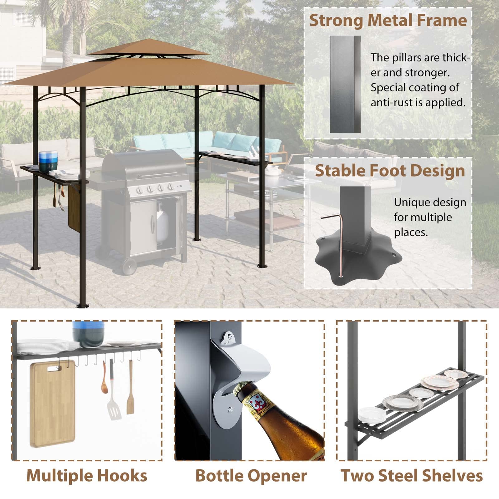 8x5 Ft Grill Gazebo, Double Tiered Outdoor BBQ Gazebo with 2 Side Shelves, 5 Hooks, Bottle Opener, Barbecue Grill Gazebo Shelter for Patio, Garden, Beach, Backyard and Picnic (Khaki)